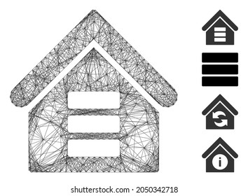 Vector Wire Frame Data Center Building. Geometric Wire Frame Flat Net Generated With Data Center Building Icon, Designed With Crossing Lines. Some Bonus Icons Are Added.