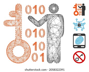Vector wire frame decode key. Geometric hatched frame 2D network made from decode key icon, designed from crossed lines. Some bonus icons are added.