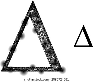 Icono de la letra Delta del marco del vector con puntos. Red plana de marco geométrico de alambre de alambre basada en el icono de letra Delta, generado a partir de líneas cruzadas, con manchas redondas.