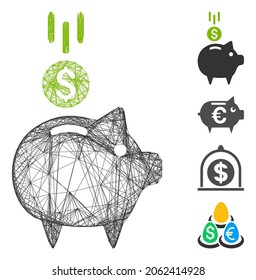 Vector wire frame deposit piggy bank. Geometric hatched frame 2D network generated with deposit piggy bank icon, designed with intersected lines. Some bonus icons are added.