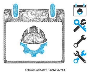 Vector wire frame development calendar day. Geometric hatched frame 2D net made from development calendar day icon, designed from intersected lines. Some bonus icons are added.