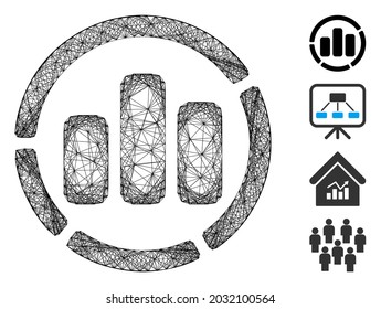 Diagrama del marco de alambre de vectores. Red 2D del marco de alambre geométrico, hecha de un icono de diagrama, diseñada a partir de líneas interconectadas. Se añaden algunos iconos adicionales.