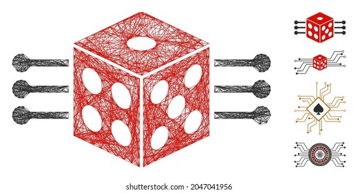 Vector wire frame dice links. Geometric hatched frame flat net generated with dice links icon, designed with crossed lines. Some similar icons are added.