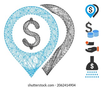 Vector wire frame dollar bank markers. Geometric linear frame flat network made from dollar bank markers icon, designed from intersected lines. Some bonus icons are added.