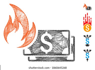 Vector wire frame dollar banknotes fire. Geometric linear frame 2D net made from dollar banknotes fire icon, designed from intersected lines. Some bonus icons are added.