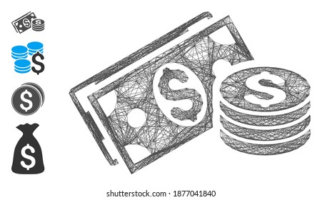 Vector wire frame dollar cash. Geometric wire carcass flat net made from dollar cash icon, designed from crossed lines. Some bonus icons are added.