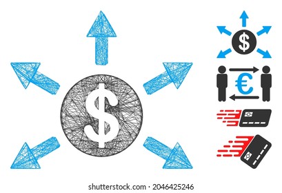Vektor-Draht-Rahmen-Dollar-Kassenpfeile. Geometrisches Flachnetz für Drahtseile, erzeugt mit dem Dollar-Kashout-Pfeilsymbol, entworfen mit Schnittlinien. Es werden einige Bonussymbole hinzugefügt.