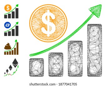 Vector wire frame dollar growth chart. Geometric wire carcass flat network made from dollar growth chart icon, designed from crossed lines. Some bonus icons are added.