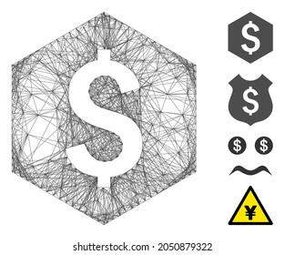 Vector wire frame dollar hexagon. Geometric wire frame 2D network generated with dollar hexagon icon, designed with intersected lines. Some additional icons are added.
