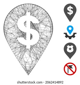 Vector wire frame dollar map marker. Geometric wire frame flat network made from dollar map marker icon, designed from crossing lines. Some bonus icons are added.