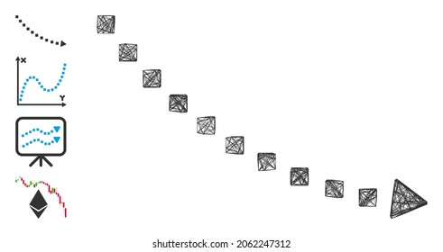 Vector wire frame dotted decline trend. Geometric wire frame 2D net based on dotted decline trend icon, designed with intersected lines. Some bonus icons are added.