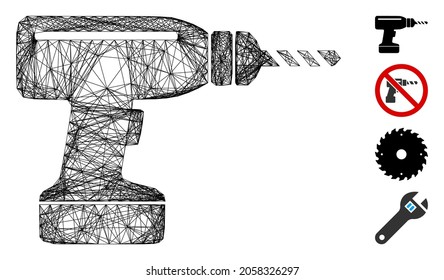 Taladro del marco del vector. Red 2D de marco lineal geométrico generada con icono de taladro, diseñada con líneas interseccionadas. Se añaden algunos iconos adicionales.