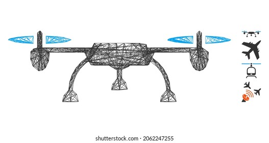 Vector wire frame drone. Geometric wire frame 2D net generated with drone icon, designed from crossing lines. Some bonus icons are added.