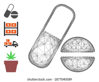Vector wire frame drugs. Geometric wire frame flat net made from drugs icon, designed from intersected lines. Some bonus icons are added.
