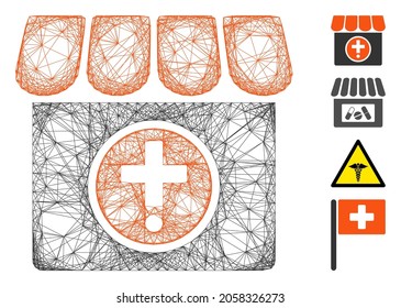 Vector Wire Frame Drugstore. Geometric Wire Frame 2D Network Based On Drugstore Icon, Designed From Crossed Lines. Some Bonus Icons Are Added.