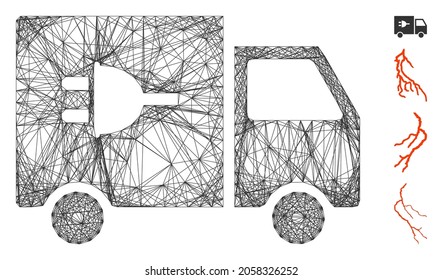 Vector wire frame electric car. Geometric wire carcass flat net made from electric car icon, designed from crossed lines. Some bonus icons are added.