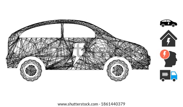 Vector wire frame electric\
car. Geometric wire frame flat network generated with electric car\
icon, designed with crossing lines. Some bonus icons are\
added.