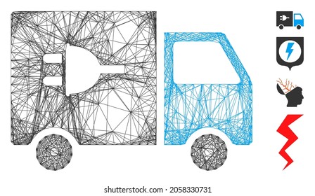 Vector Wire Frame Electric Truck. Geometric Wire Frame Flat Network Based On Electric Truck Icon, Designed From Crossed Lines. Some Bonus Icons Are Added.