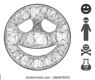 Vector wire frame embarrased smiley. Geometric wire frame 2D network generated with embarrased smiley icon, designed with intersected lines. Some bonus icons are added.