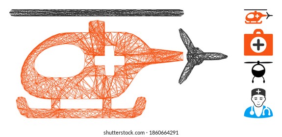 Vector wire frame emergency helicopter. Geometric wire frame flat net generated with emergency helicopter icon, designed with crossed lines. Some bonus icons are added.