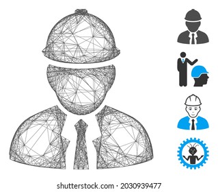 Vector wire frame engineer. Geometric wire frame 2D network generated with engineer icon, designed from crossing lines. Some bonus icons are added.