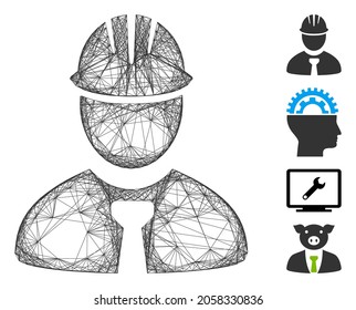 Vector wire frame engineer. Geometric wire frame 2D net generated with engineer icon, designed with intersected lines. Some bonus icons are added.