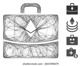 Vector wire frame Ethereum accounting case. Geometric hatched frame flat network made from Ethereum accounting case icon, designed from crossing lines. Some bonus icons are added.