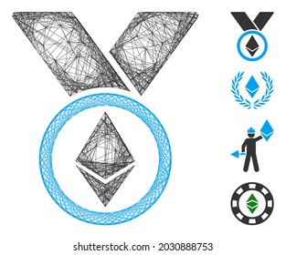 Medalla de premio Ethereum por marco de alambre de vectores. Red 2D de marco geométrico de alambre generada con icono de medalla de premio Ethereum, diseñado a partir de líneas interseccionadas. Se añaden algunos iconos adicionales.