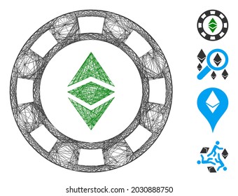 Vector wire frame Ethereum casino chip. Geometric wire frame flat net generated with Ethereum casino chip icon, designed with crossed lines. Some bonus icons are added.