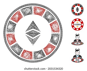 Vector wire frame Ethereum casino roulette. Geometric wire frame 2D network generated with Ethereum casino roulette icon, designed with crossing lines. Some bonus icons are added.
