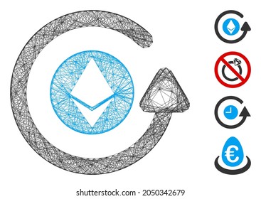 Vector wire frame Ethereum chargeback. Geometric wire frame flat network generated with Ethereum chargeback icon, designed from crossing lines. Some other icons are added.