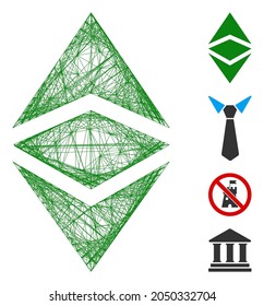 Vector wire frame Ethereum classic. Geometric linear frame 2D net generated with Ethereum classic icon, designed with intersected lines. Some additional icons are added.