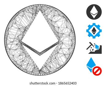 Vektordrahtrahmen Ethereum-Münze. 2D-Netz aus Ethereum-Münzsymbol, konstruiert aus Kreuzlinien. Es werden einige Bonussymbole hinzugefügt.