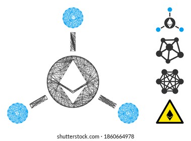 Conexiones del marco de alambre de vectores Ethereum. Red plana de armazón de alambre geométrico hecha de un icono de conexiones de Ethereum, diseñada a partir de líneas interconectadas. Se añaden algunos iconos adicionales.