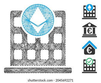 Alambre de vectores oficina de la corporación Ethereum. Red plana de marco lineal geométrico generada con el icono de oficina de Ethereum corporation, diseñado con líneas interconectadas. Se añaden algunos iconos adicionales.