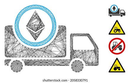 Vector wire frame Ethereum delivery truck. Geometric wire frame flat network made from Ethereum delivery truck icon, designed from crossing lines. Some bonus icons are added.