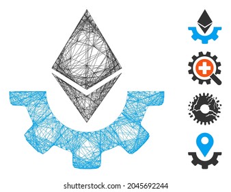 Vector wire frame Ethereum industry gear. Geometric wire carcass 2D network generated with Ethereum industry gear icon, designed with intersected lines. Some bonus icons are added.