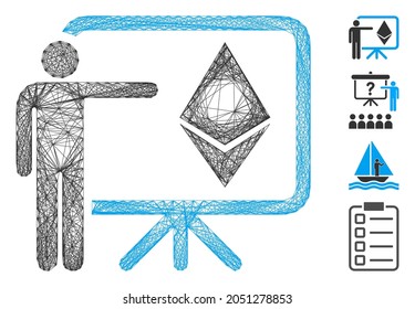 Vector wire frame Ethereum lecture board. Geometric wire frame 2D network made from Ethereum lecture board icon, designed with intersected lines. Some additional icons are added.