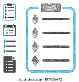 Vector wire frame Ethereum list pad. Geometric hatched carcass flat network generated with Ethereum list pad icon, designed with intersected lines. Some bonus icons are added.