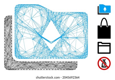Vector wire frame Ethereum wallet. Geometric wire carcass 2D network generated with Ethereum wallet icon, designed with crossed lines. Some bonus icons are added.