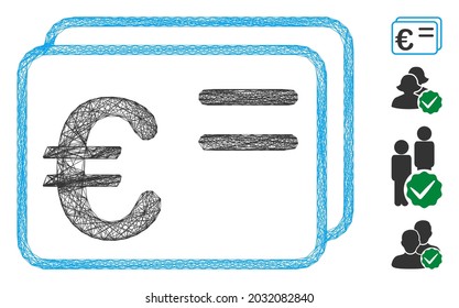 Vektordrahmen bilden Euro-Kontonerkarten. Geometrisches Flachnetz auf der Grundlage von Euro-Kontenkarten-Icon, konstruiert mit Schnittlinien. Es werden einige Bonussymbole hinzugefügt.