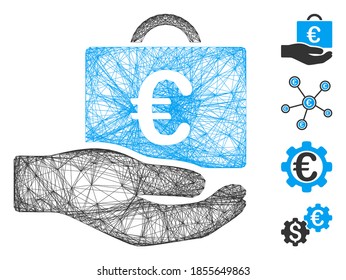 Vector wire frame Euro accounting service. Geometric wire carcass 2D net generated with Euro accounting service icon, designed with crossing lines. Some bonus icons are added.