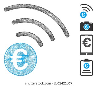 Anuncio de la Eurocámara sobre el marco de alambre de vectores. Red plana de marco lineal geométrico basada en el icono de anuncio de euros, diseñada con líneas de cruce. Se añaden algunos iconos adicionales.