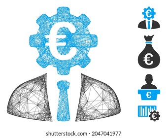 Vector wire frame Euro banker. Geometric hatched frame 2D net made from Euro banker icon, designed from crossed lines. Some additional icons are added.
