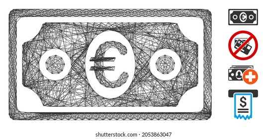 Vektordrahtrahmen Euro-Banknote. Geometrisches, lineares Flachnetz, erzeugt mit Euro-Banknote-Symbol, entworfen mit Kreuzlinien. Es werden einige zusätzliche Symbole hinzugefügt.
