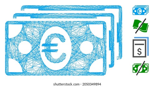 Vector wire frame Euro banknotes. Geometric wire frame 2D network made from Euro banknotes icon, designed with intersected lines. Some similar icons are added.