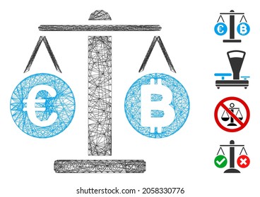 Vector wire frame Euro and Bitcoin scales. Geometric wire frame flat network made from Euro and Bitcoin scales icon, designed from crossed lines. Some bonus icons are added.