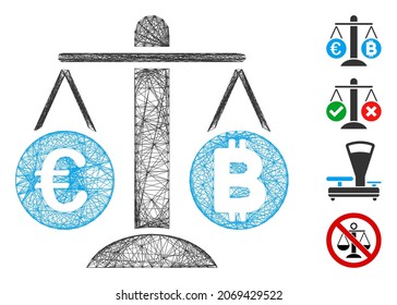 Vector wire frame Euro Bitcoin balance weight. Geometric wire frame 2D net generated with Euro Bitcoin balance weight icon, designed from crossing lines. Some bonus icons are added.