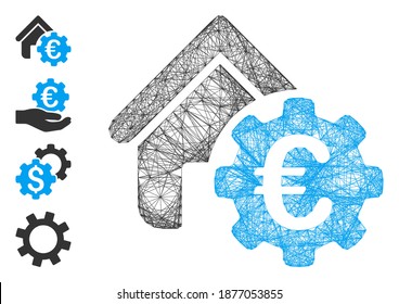 Vector wire frame Euro building payment gear. Geometric wire frame flat net made from Euro building payment gear icon, designed from crossing lines. Some bonus icons are added.