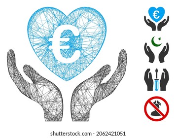 Marco de alambre de vectores Manos de cuidado del euro. Red plana de marco lineal geométrica generada con icono de manos Euro Care, diseñada con líneas cruzadas. Se añaden algunos iconos adicionales.